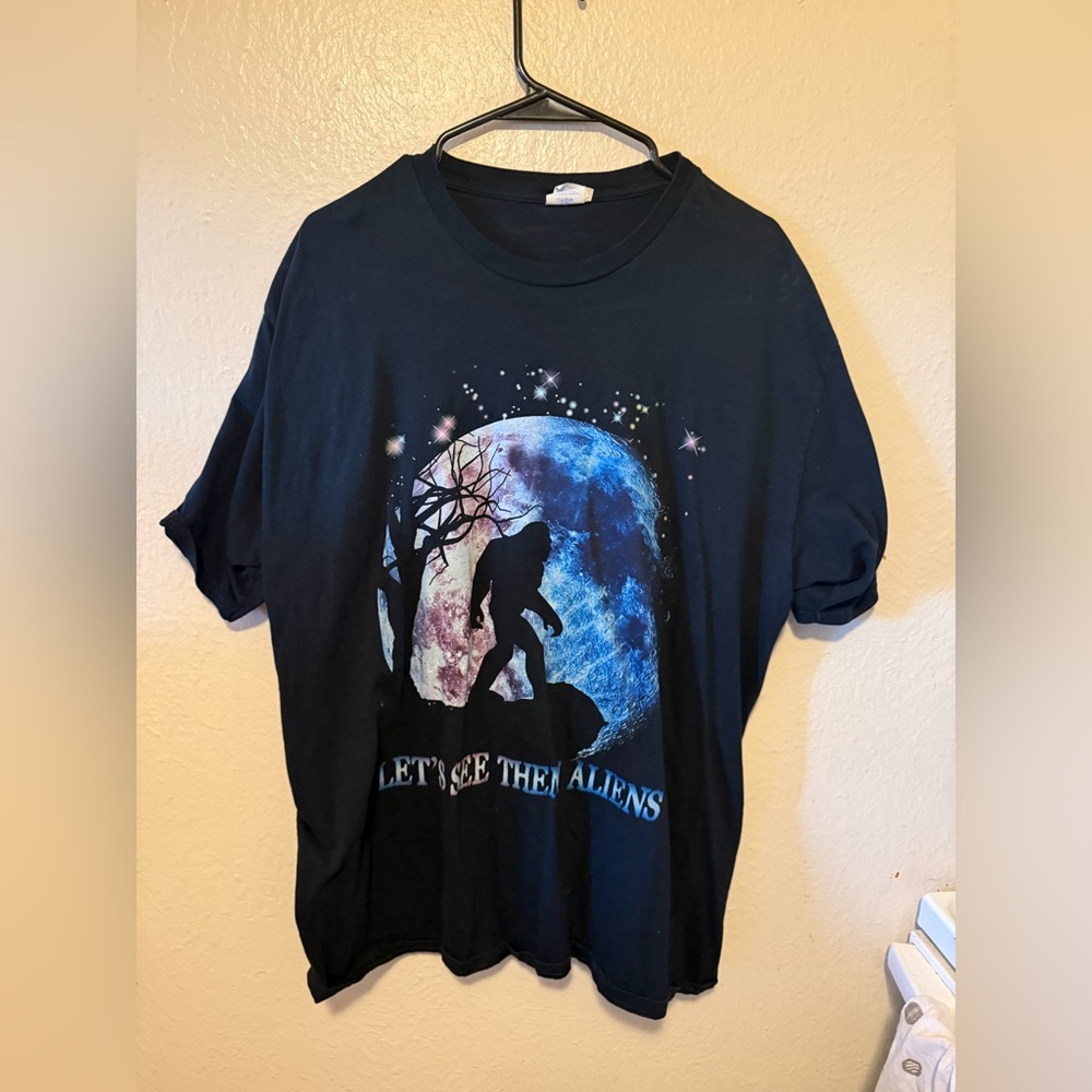 Rare Black Graphic Tee with Big Foot, Moon & Alien Silhouette